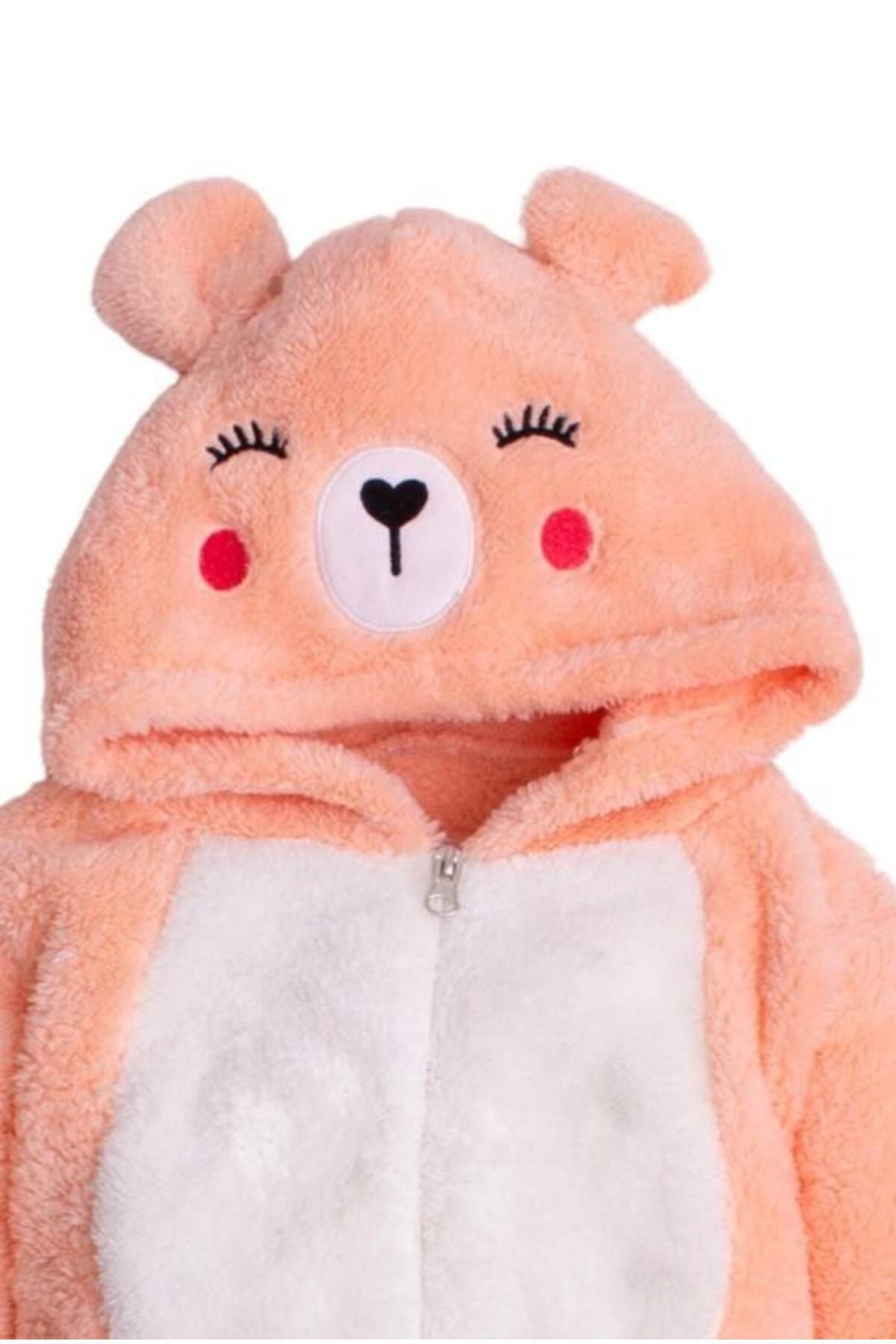 Kışlık Tatlı Peluş Kapüşonlu Ayıcık Nakışlı Bebek Çocuk Welsoft Tulum
